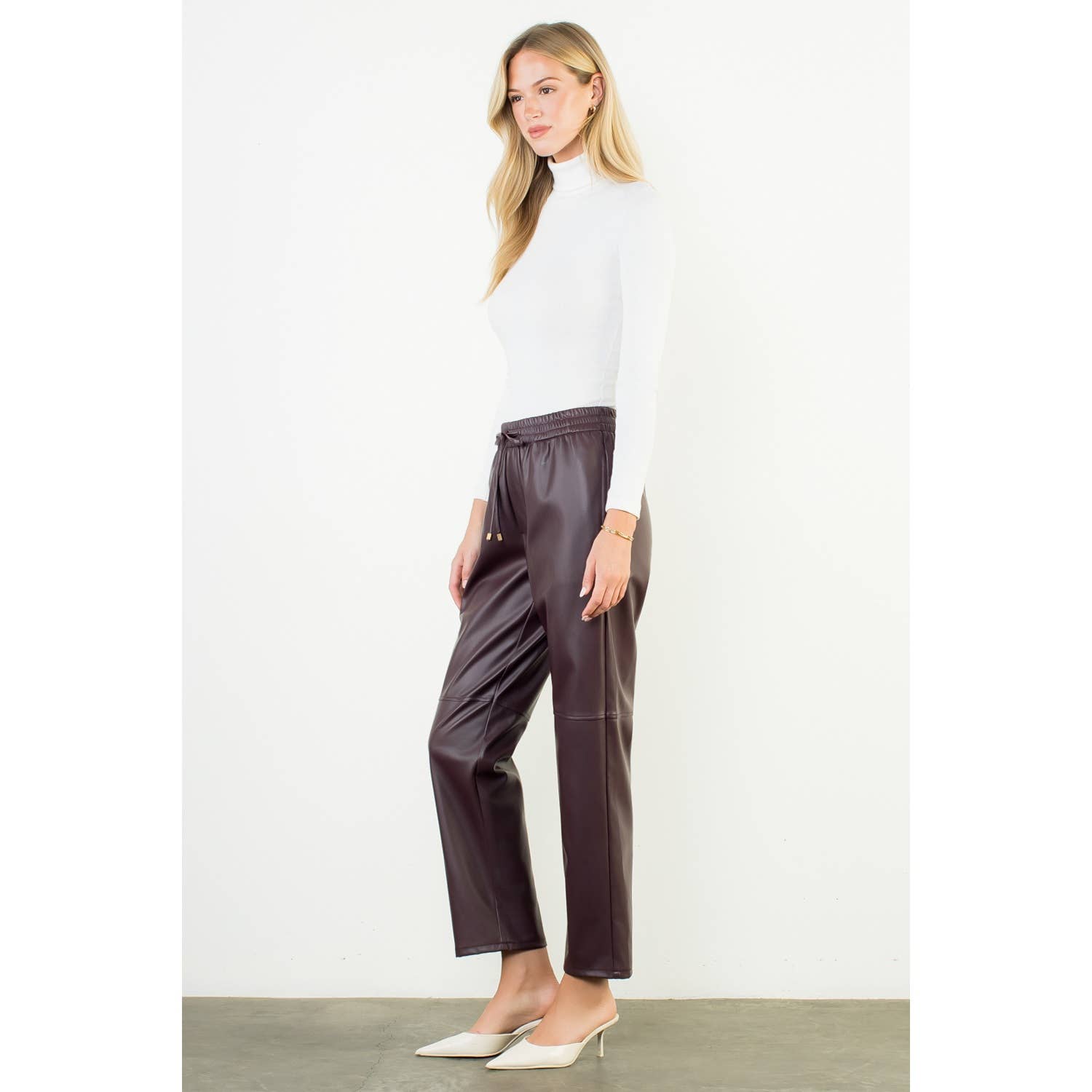 Drawstring Leather Straight Pants