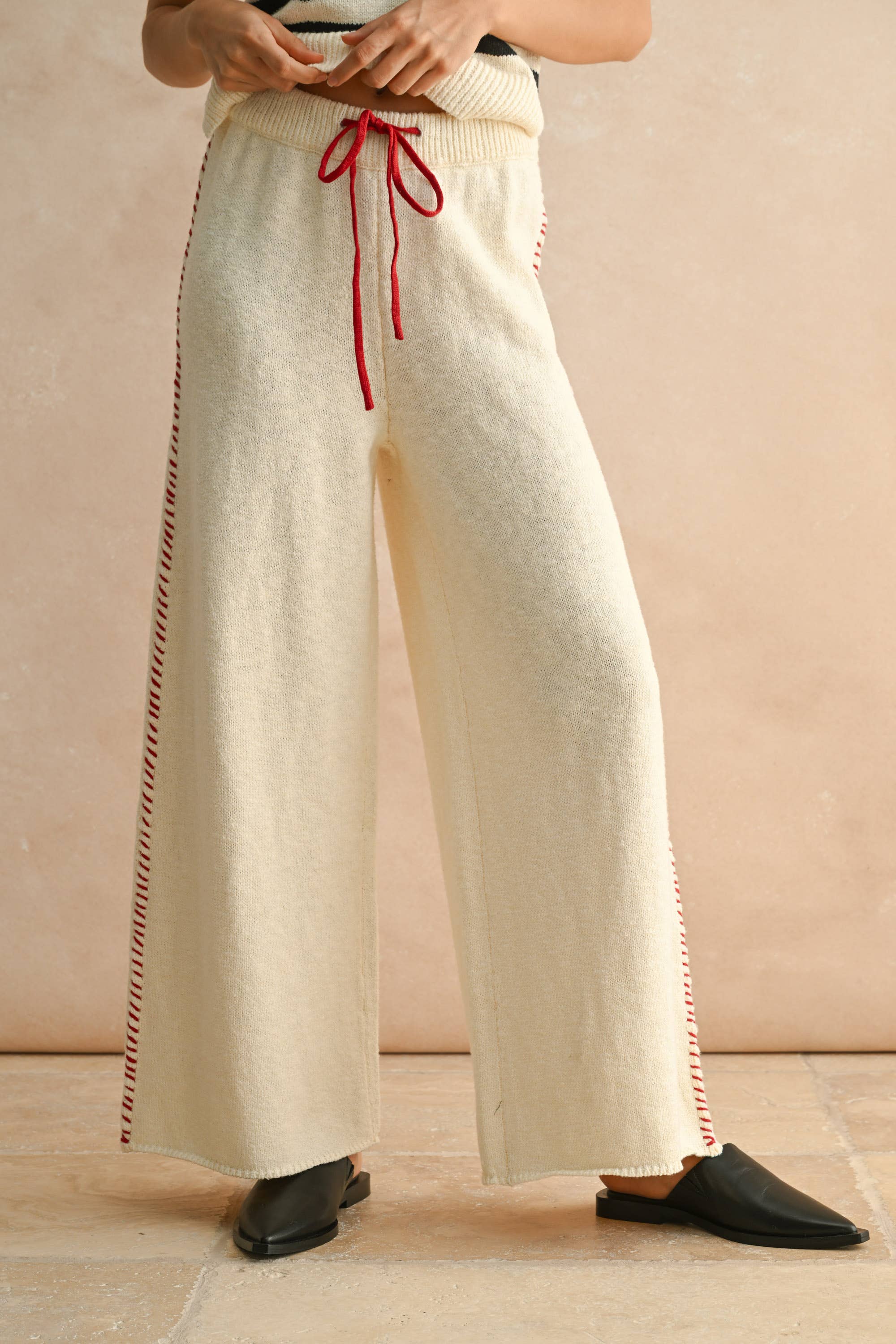 Red Stitch Detail Knit Pants