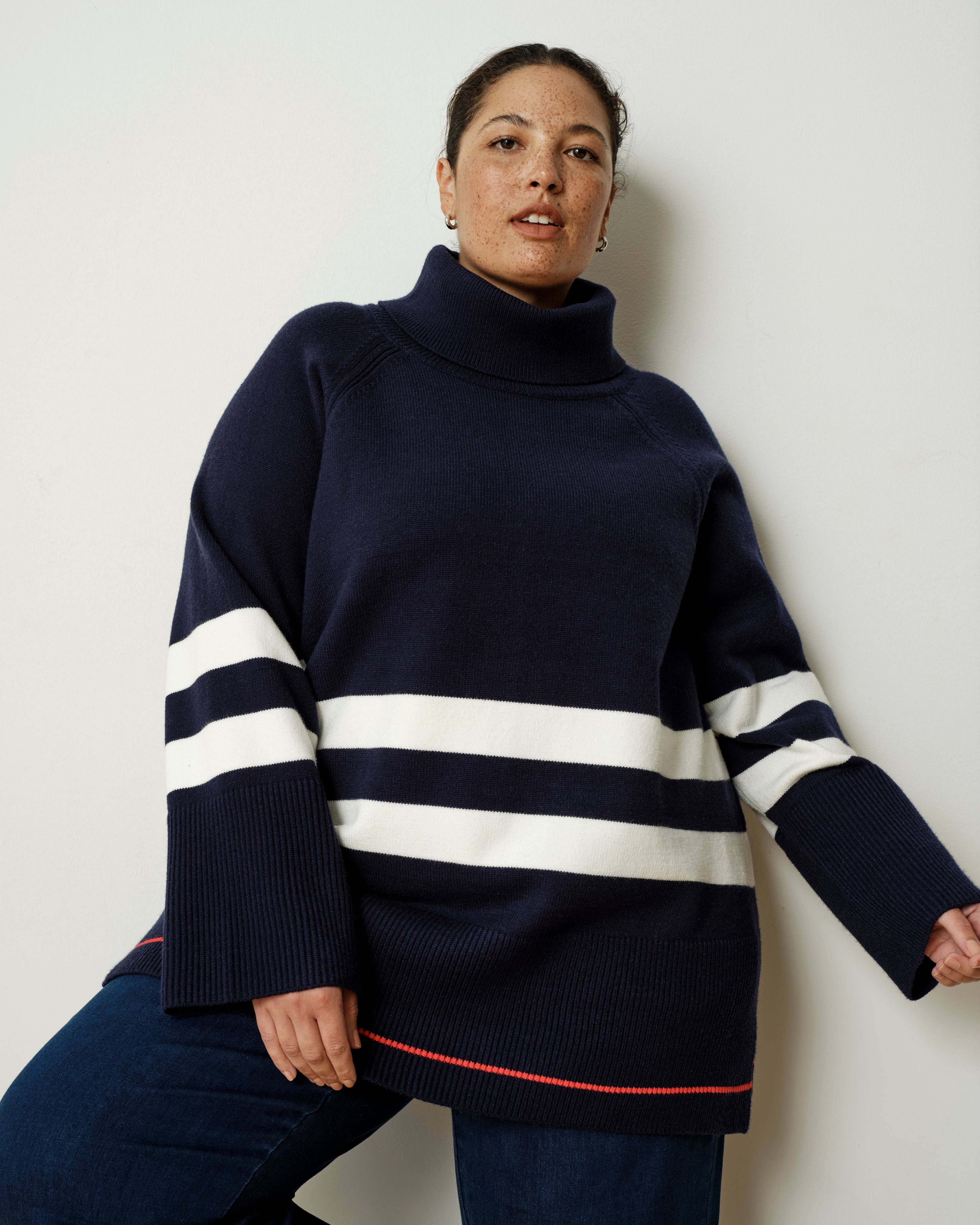 Better-Than-Wool Oversize Turtleneck Sweater - Navy/Cream Stripes with Red Hem