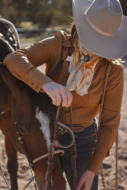 Wild Horse Prairies in Peach Cowgirl Scarf: 35x35 Western Mulberry Silk Wild Rag Cowgirl