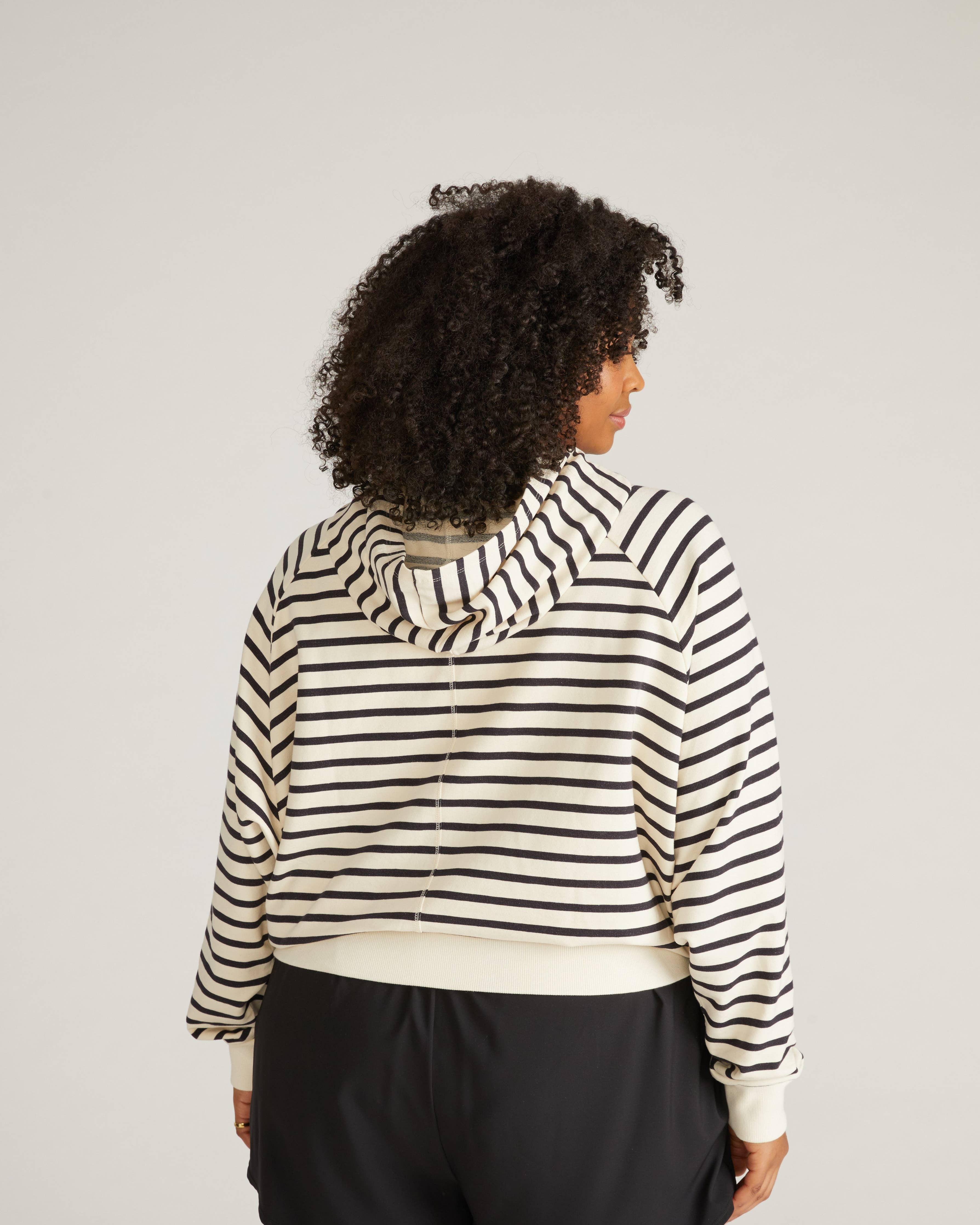 French Terry Pullover Hoodie - Ecru/Black Stripe