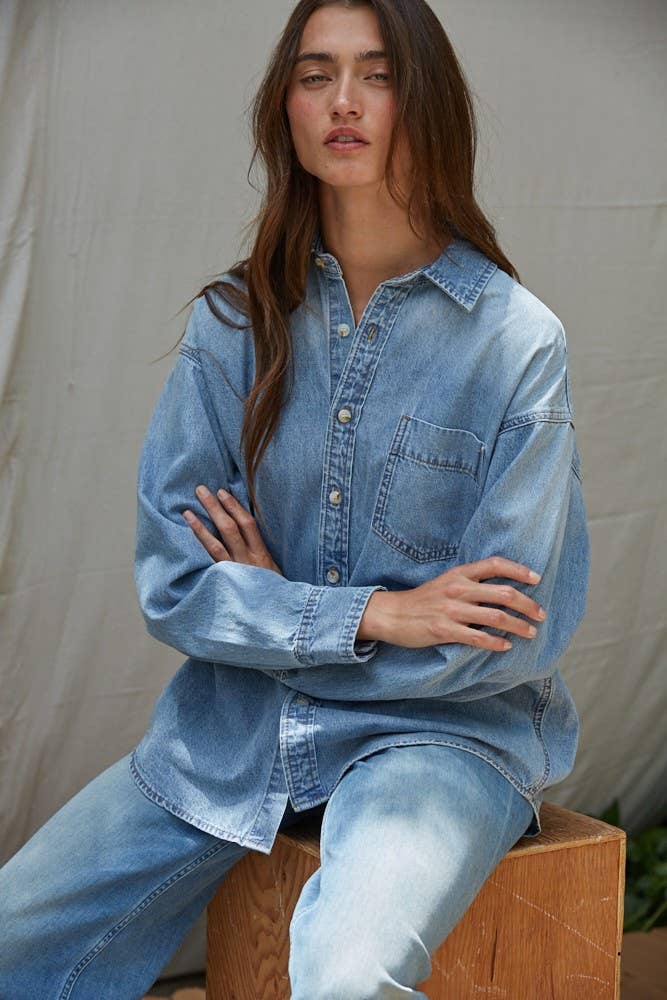Cotton Denim Button-Down Long-Sleeve Shirt