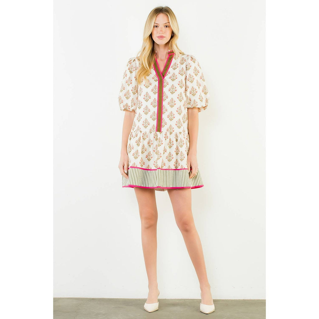 Floral Short Dress with Stripe