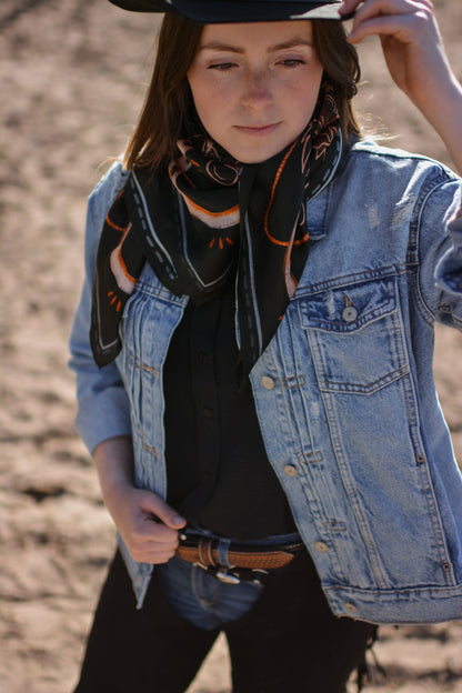 Navy Floral Horseshoe Cowgirl Scarf: 35x35 Western Mulberry Silk Wild Rag