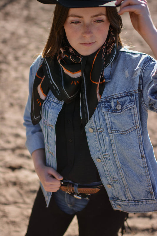 Navy Floral Horseshoe Cowgirl Scarf: 35x35 Western Mulberry Silk Wild Rag