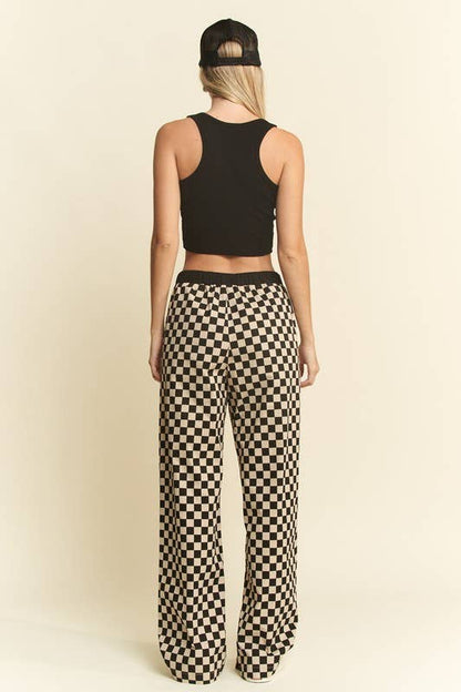 Straight Leg Checkered Pants w/ Elastic Waist