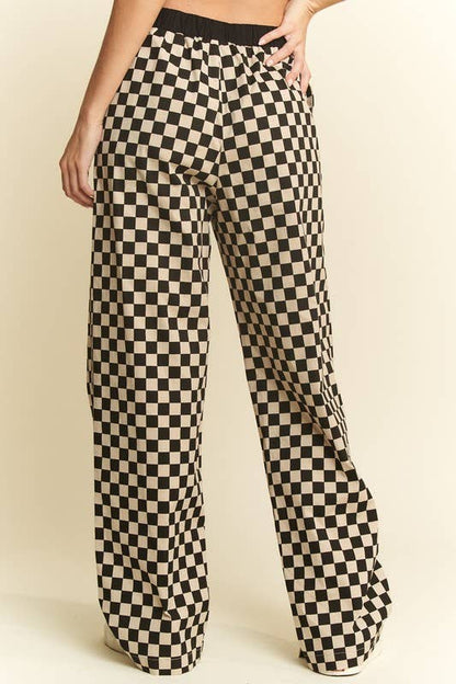 Straight Leg Checkered Pants w/ Elastic Waist