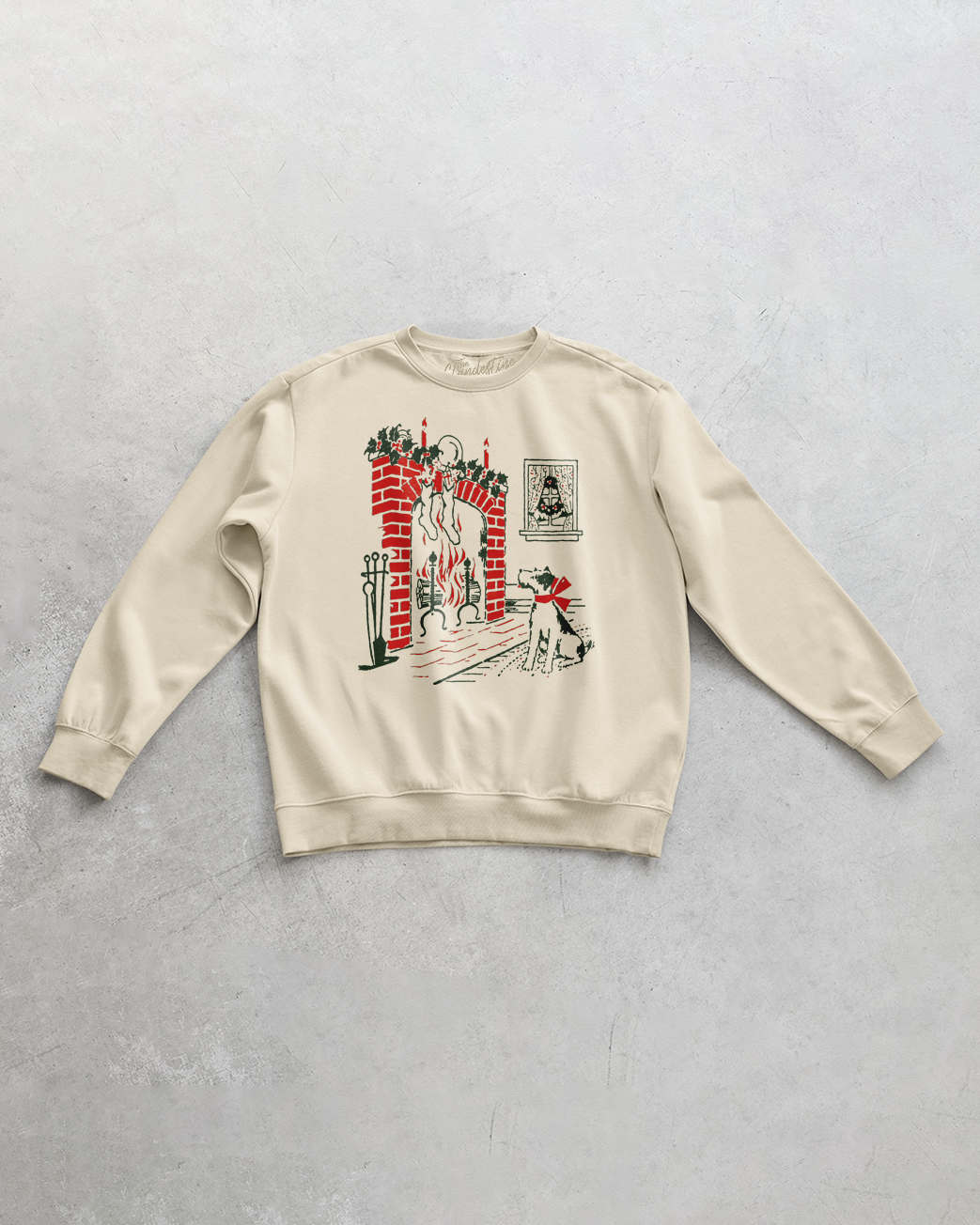 Dog at Fireplace Oversized 90's Christmas Sweatshirt