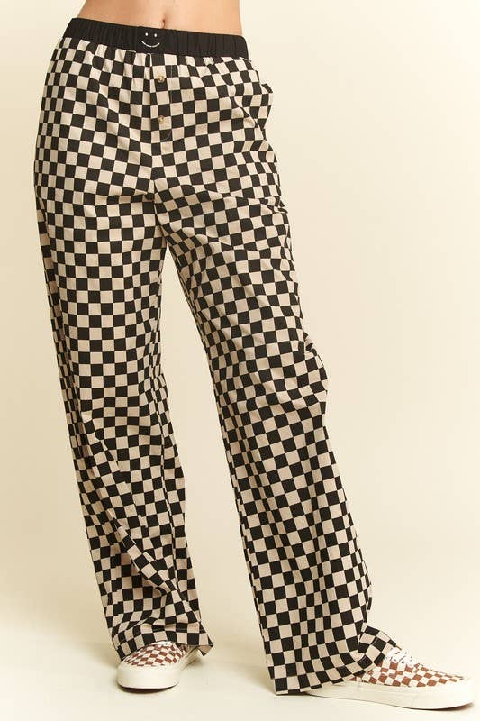 Straight Leg Checkered Pants w/ Elastic Waist