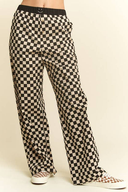 Straight Leg Checkered Pants w/ Elastic Waist