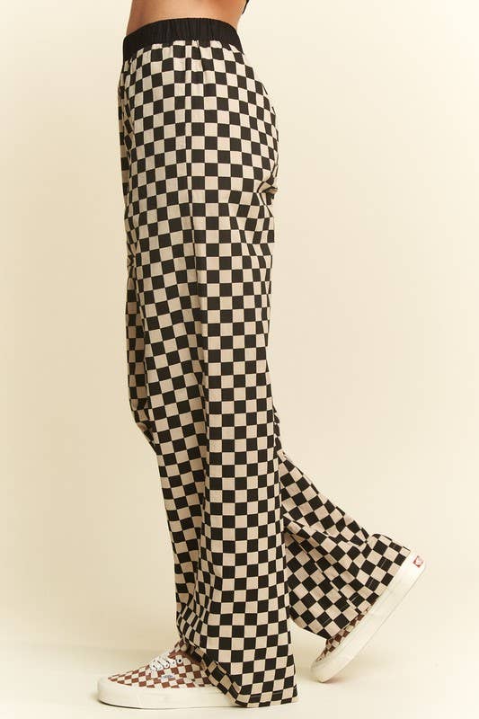 Straight Leg Checkered Pants w/ Elastic Waist