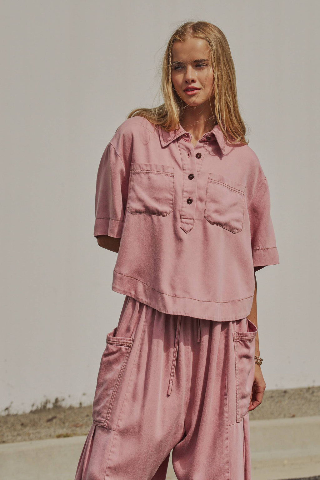 Washed Denim Half Placket Cropped Shirt