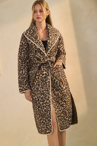 Quilted Animal Printed Belted Coat