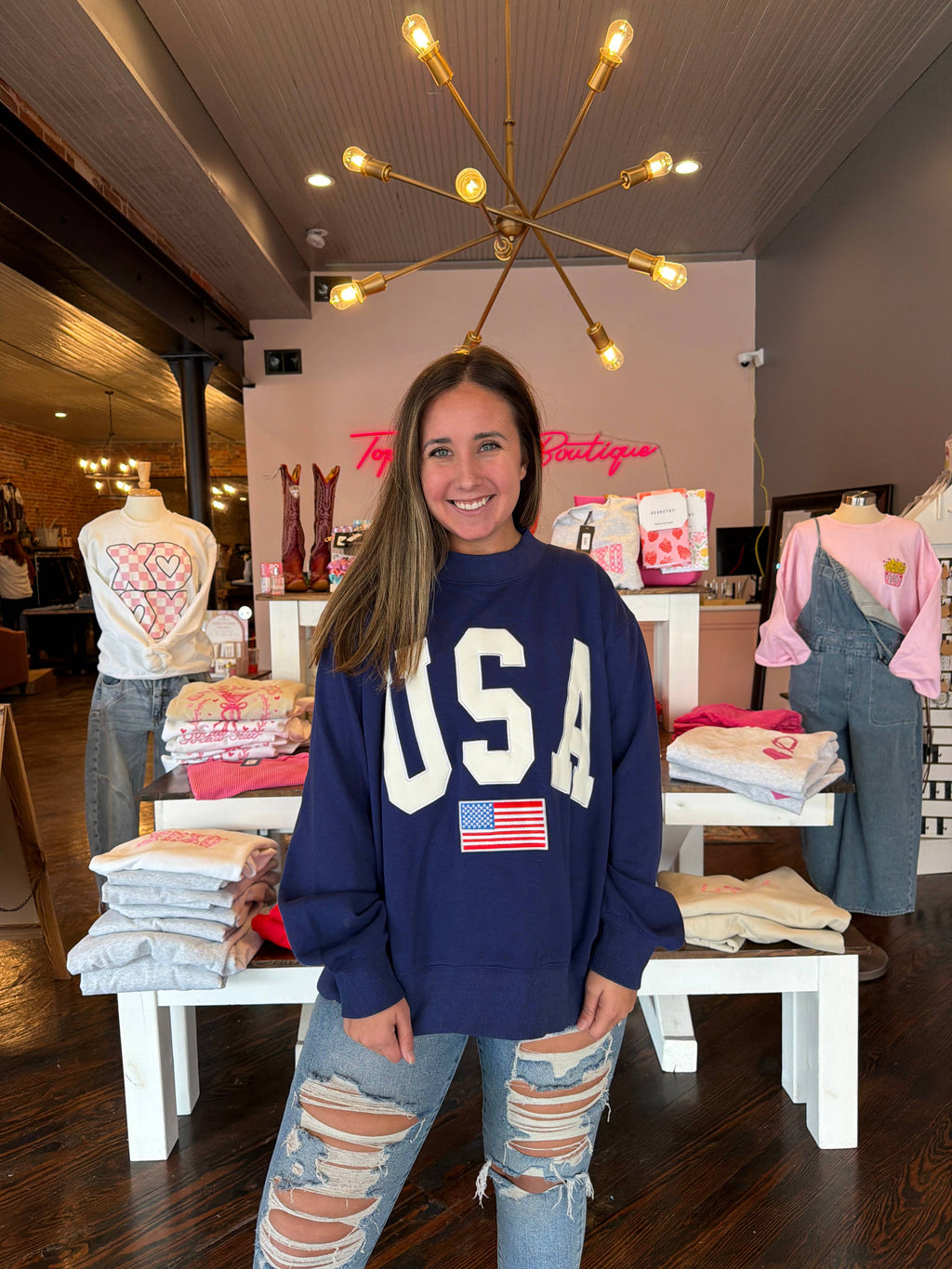 Navy USA 4th Of July Embroidered Mockneck 