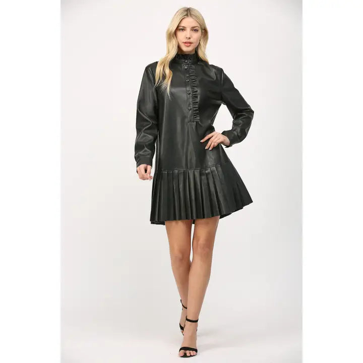 Ruffle Pleated Faux Leather Dress