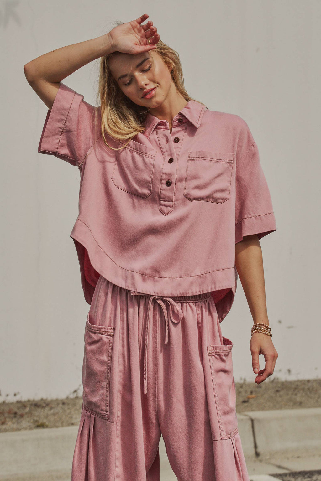 Washed Denim Half Placket Cropped Shirt