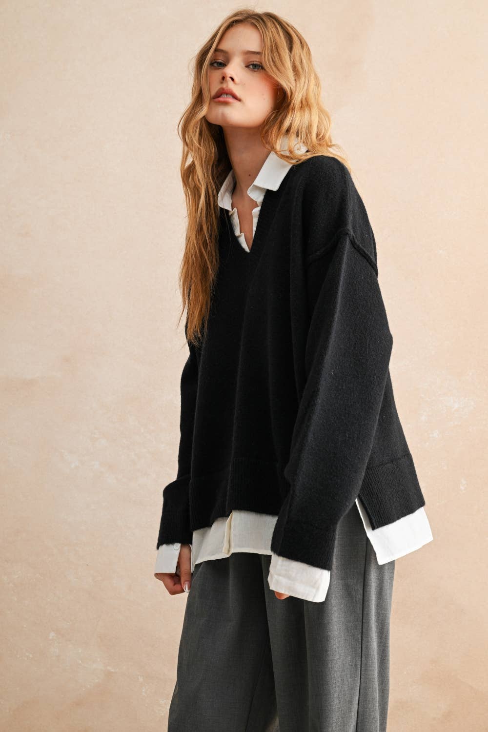 Black Sweater & V-Neck Collard Shirt Combo