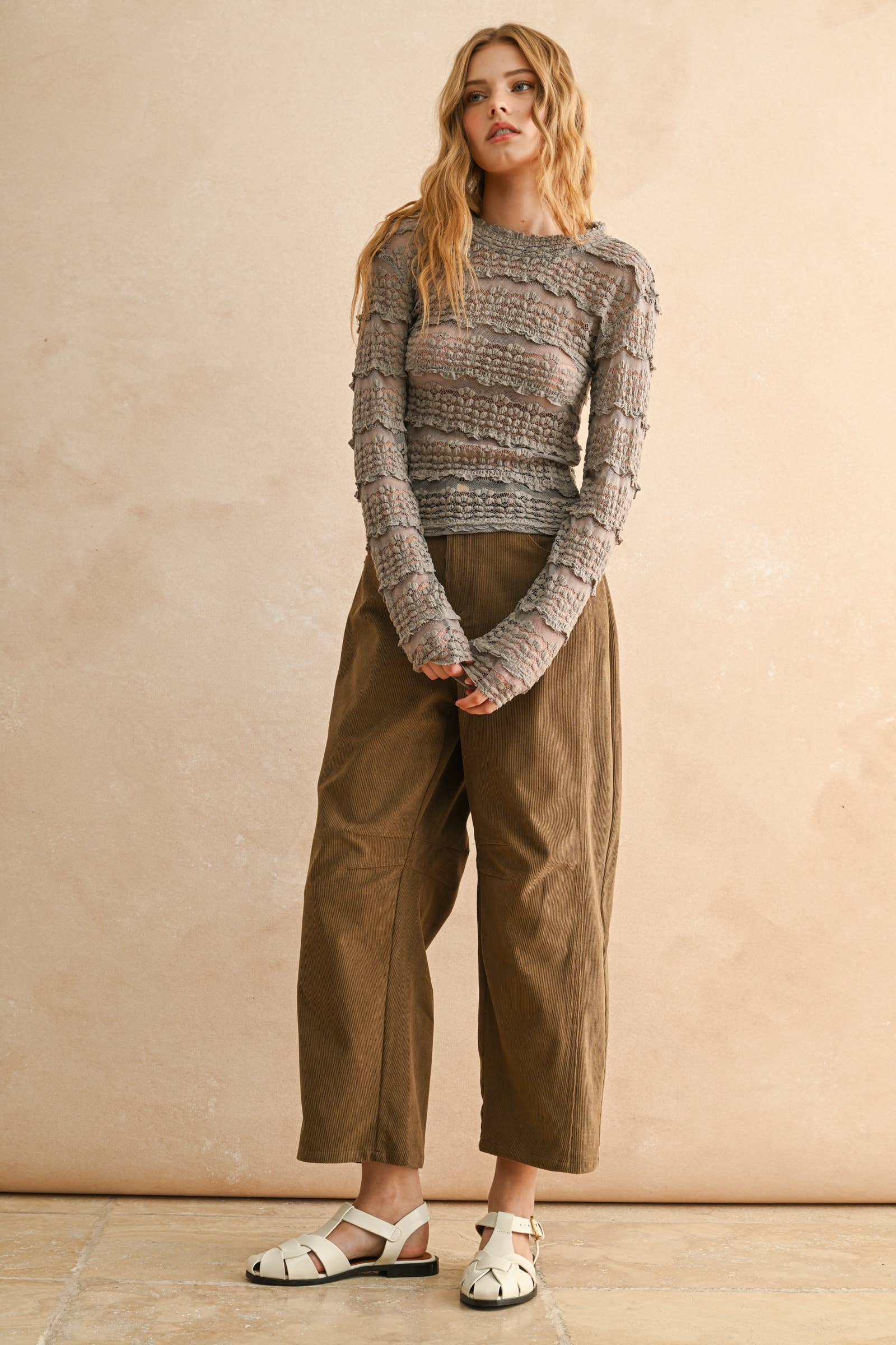 Lace Textured Long Sleeve Blouse