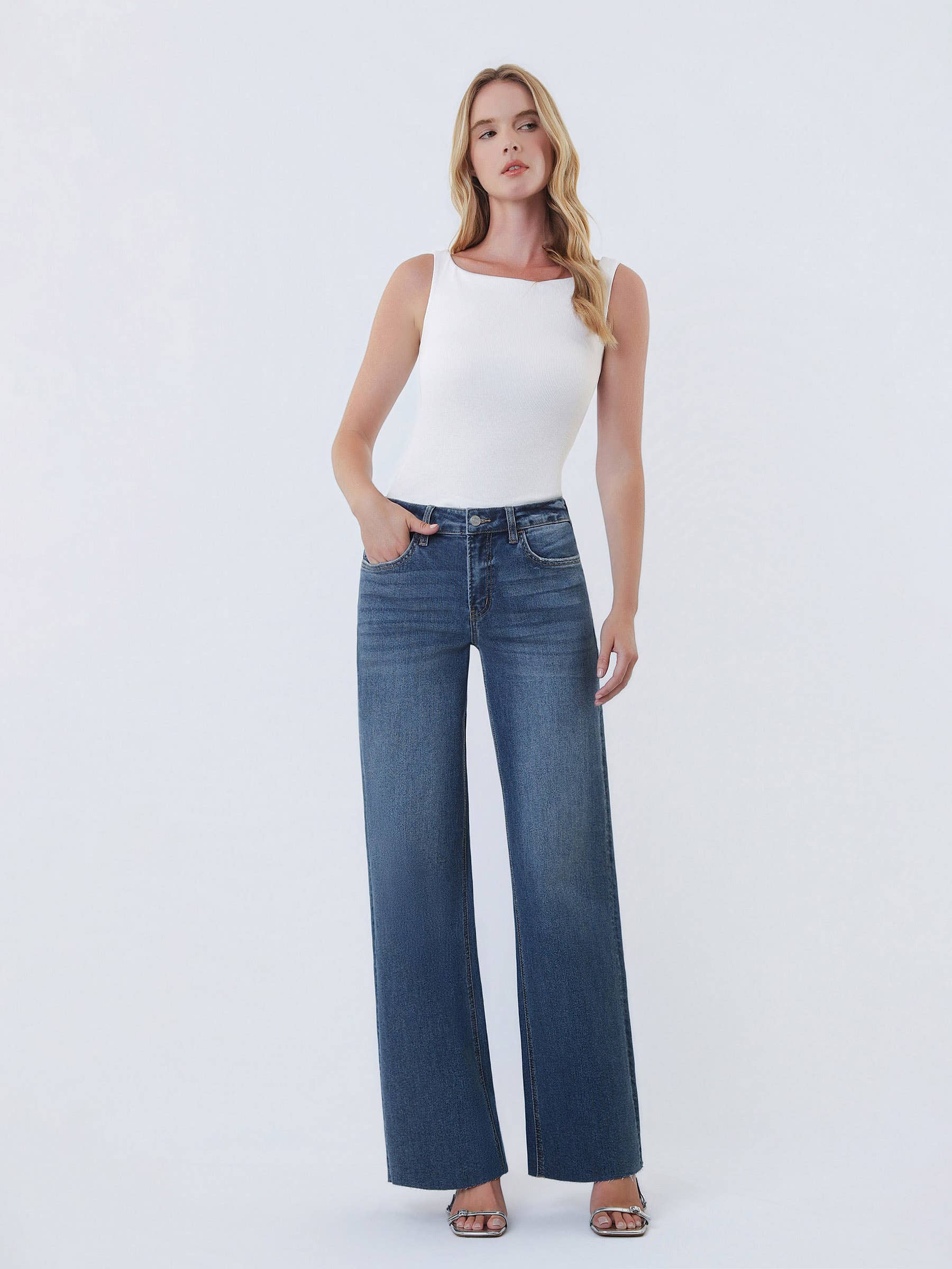 High Rise Dark Wash Clean Cut Raw Hem Wide Leg Jeans
