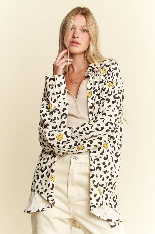 Smiley Animal Print Button-Up Shirt