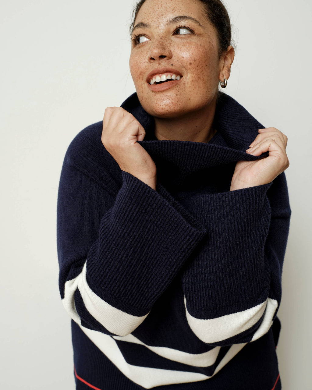 Better-Than-Wool Oversize Turtleneck Sweater - Navy/Cream Stripes with Red Hem