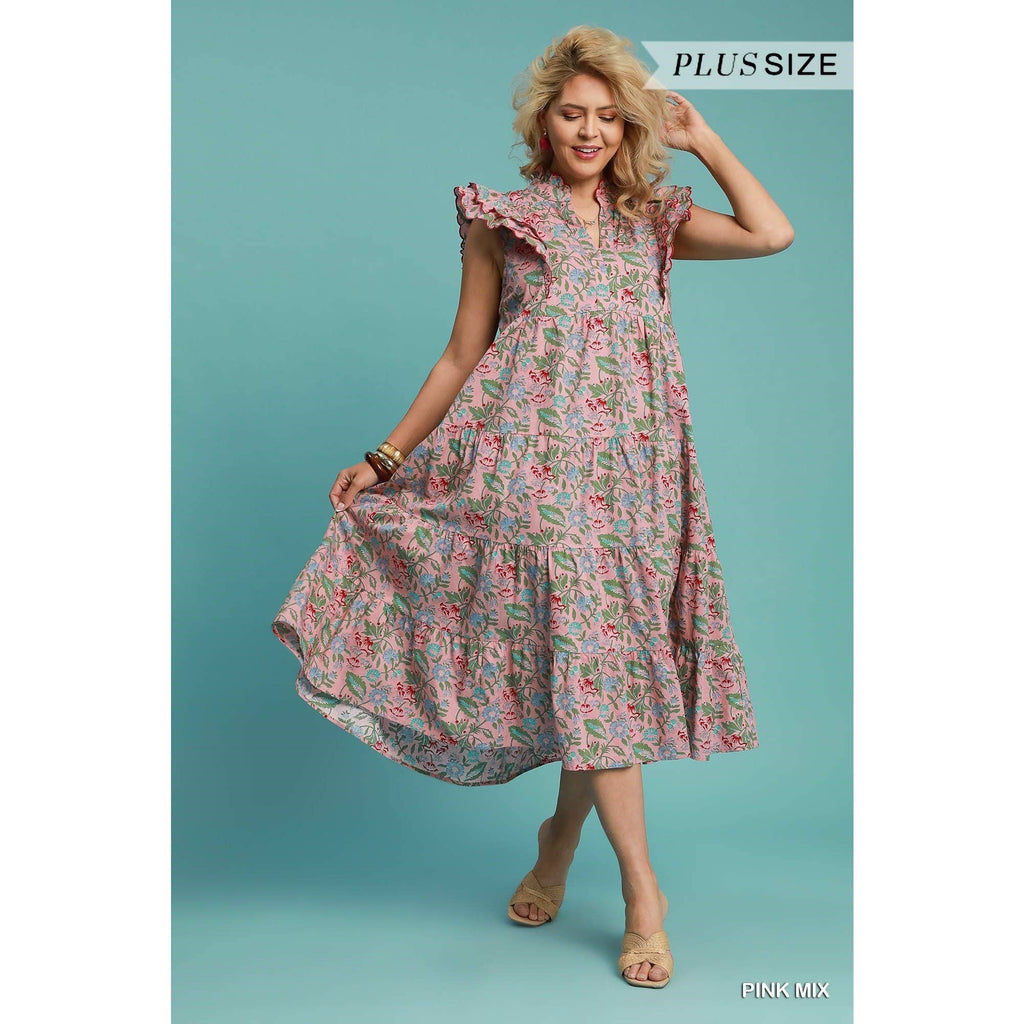 Floral Tiered Scalloped Sleeve Maxi Dress