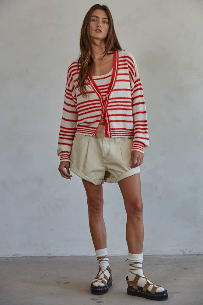 Red Striped Cotton Cardigan