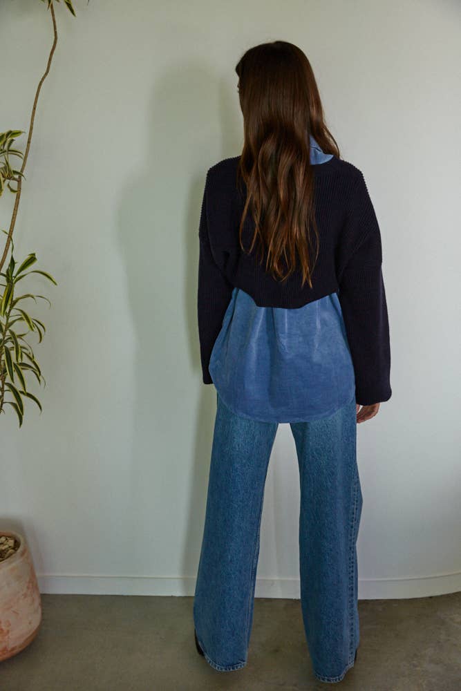 Woven Cotton Corduroy Collar Button Down Sweater Set