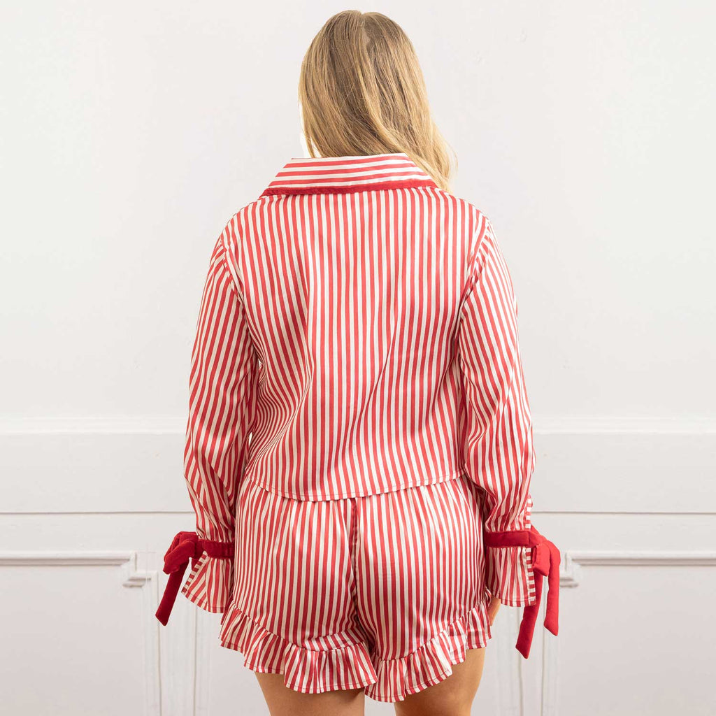 Red Stripe Satin Ruffle Short PJ Set