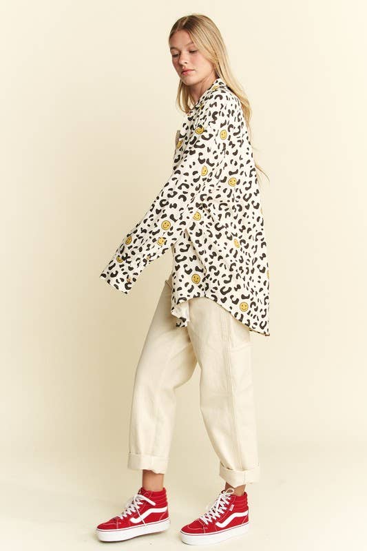 Smiley Animal Print Button-Up Shirt