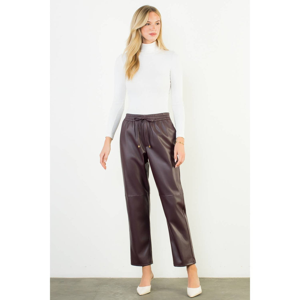 Drawstring Leather Straight Pants