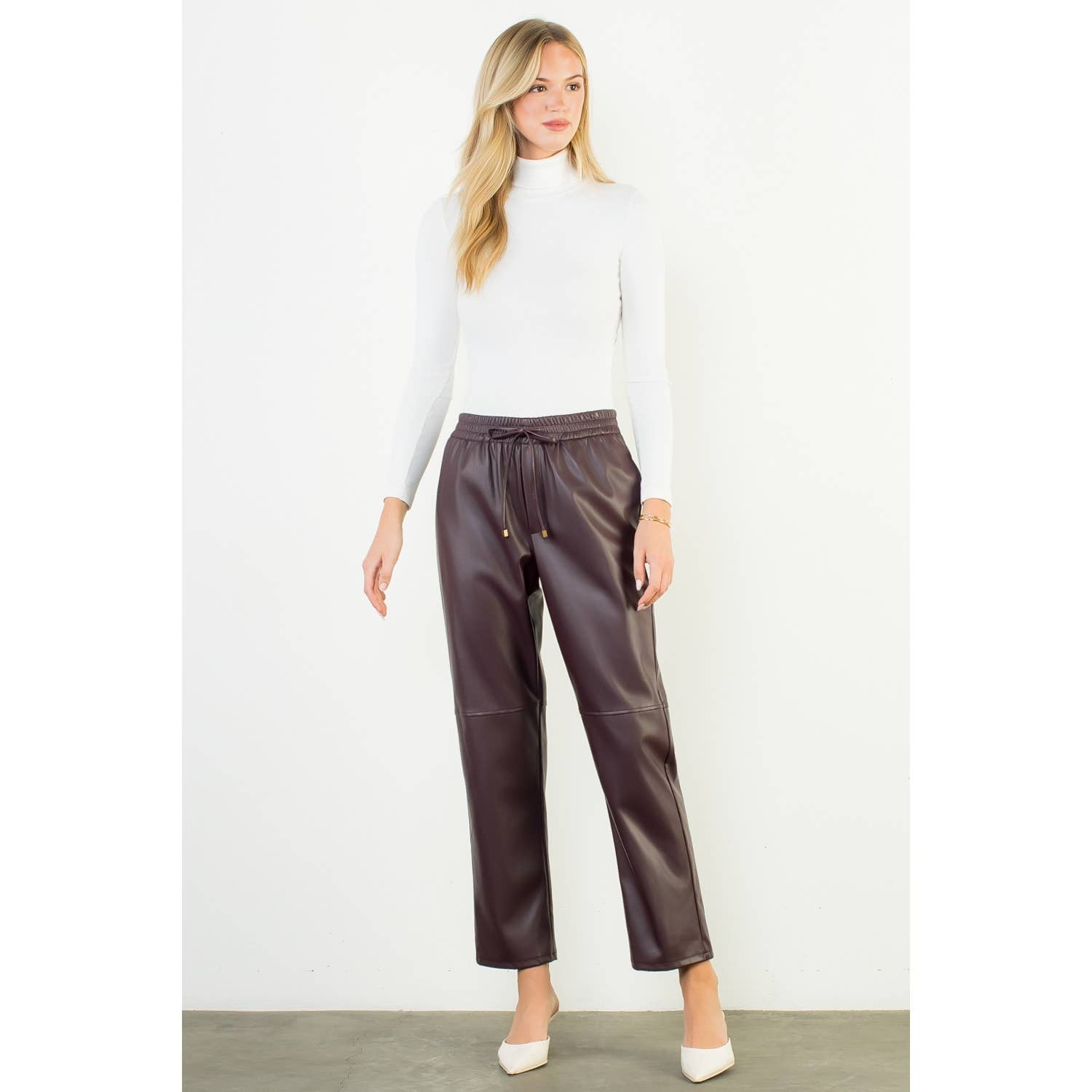 Drawstring Leather Straight Pants