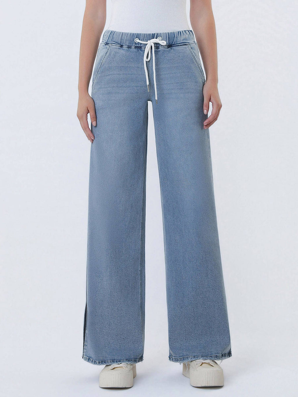High Rise Drawstring Waistband Side Slit Wide Leg Jeans