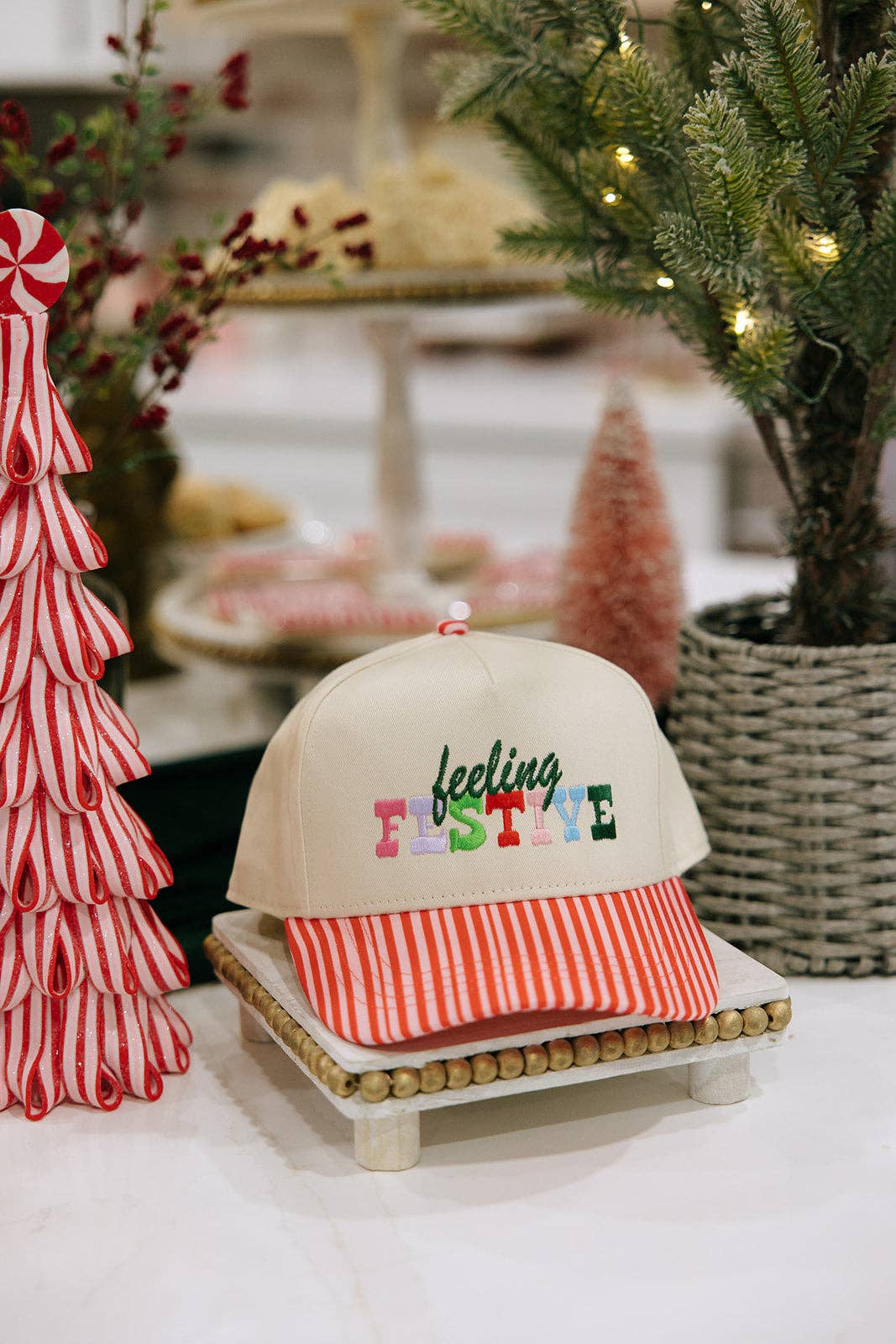 Feeling Festive Pink Striped Hat Christmas Hat