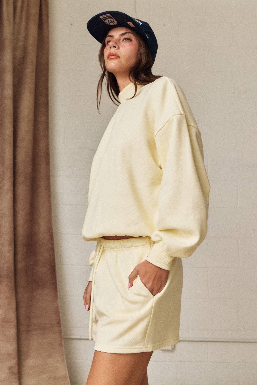Butter Yellow Mock Neck Lounge Set Shorts