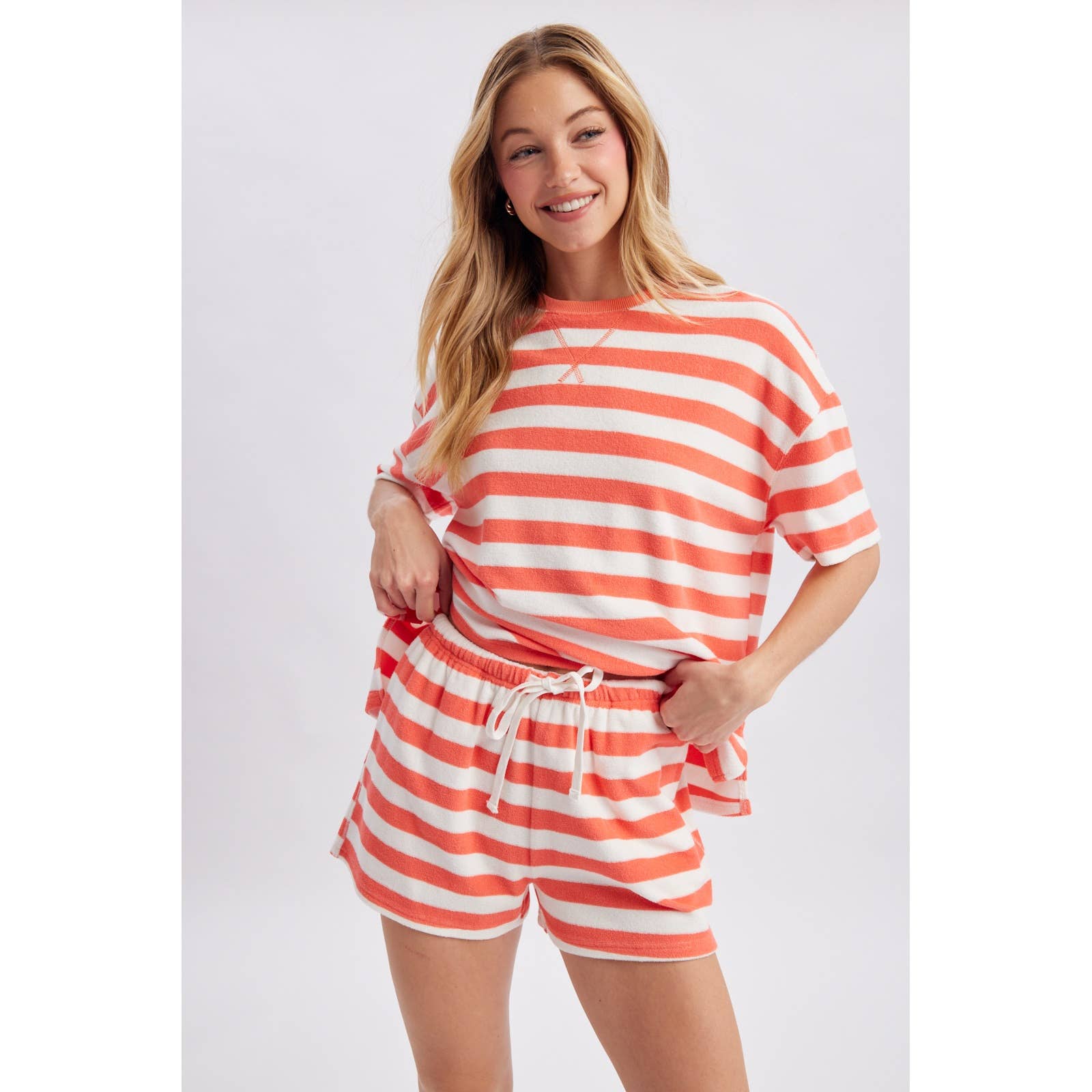 Coral Striped Drawstring Shorts