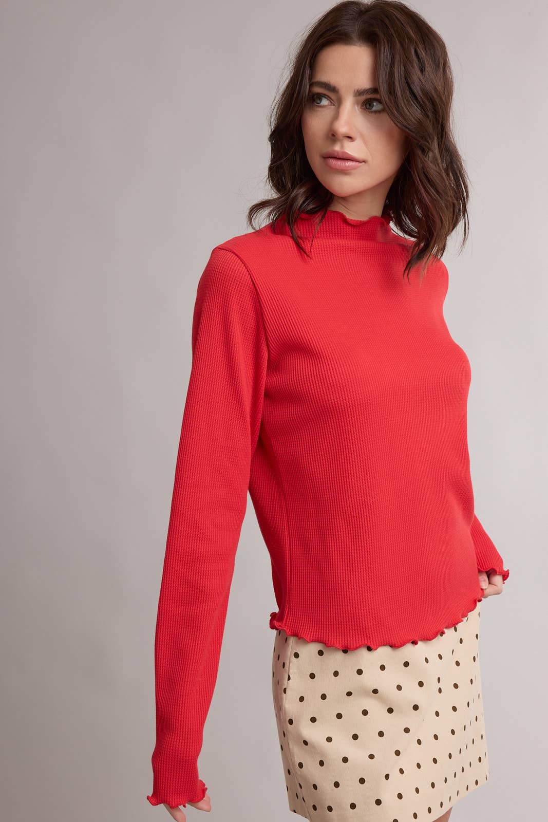 Red Waffle Knit Mock Neck Shirt
