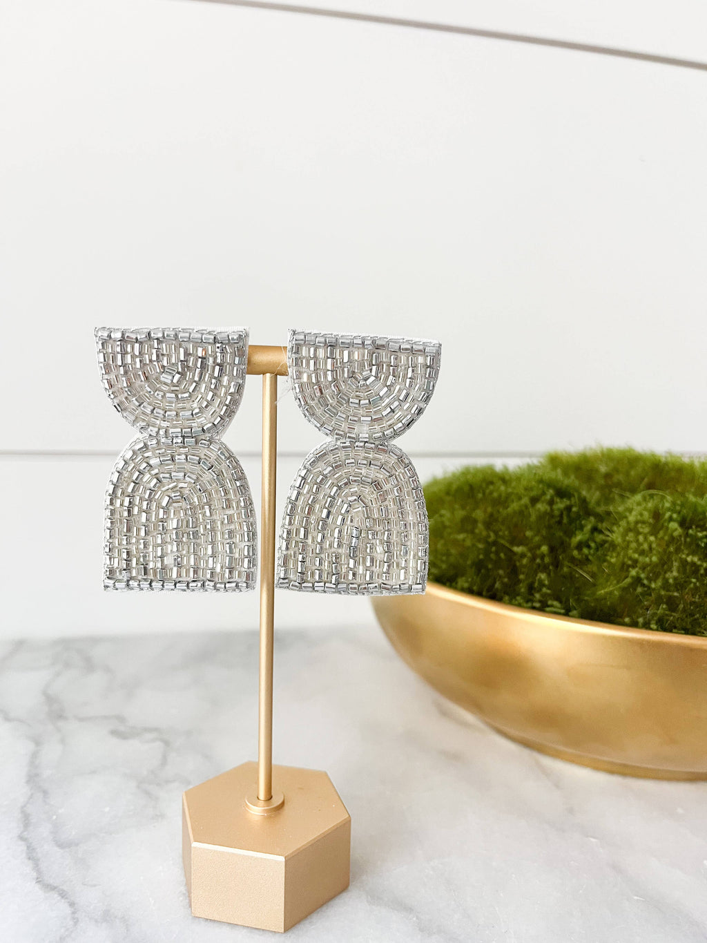 Metallic Geometric Arch Beaded Earring Silver and Gold 