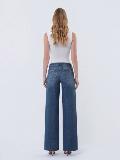 High Rise Dark Wash Clean Cut Raw Hem Wide Leg Jeans