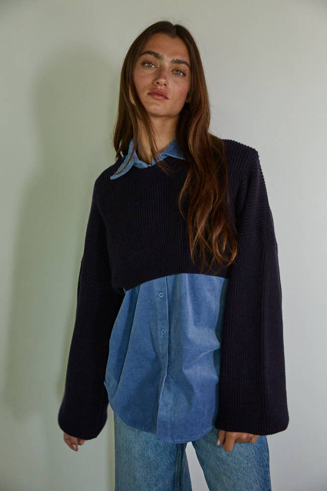 Woven Cotton Corduroy Collar Button Down Sweater Set