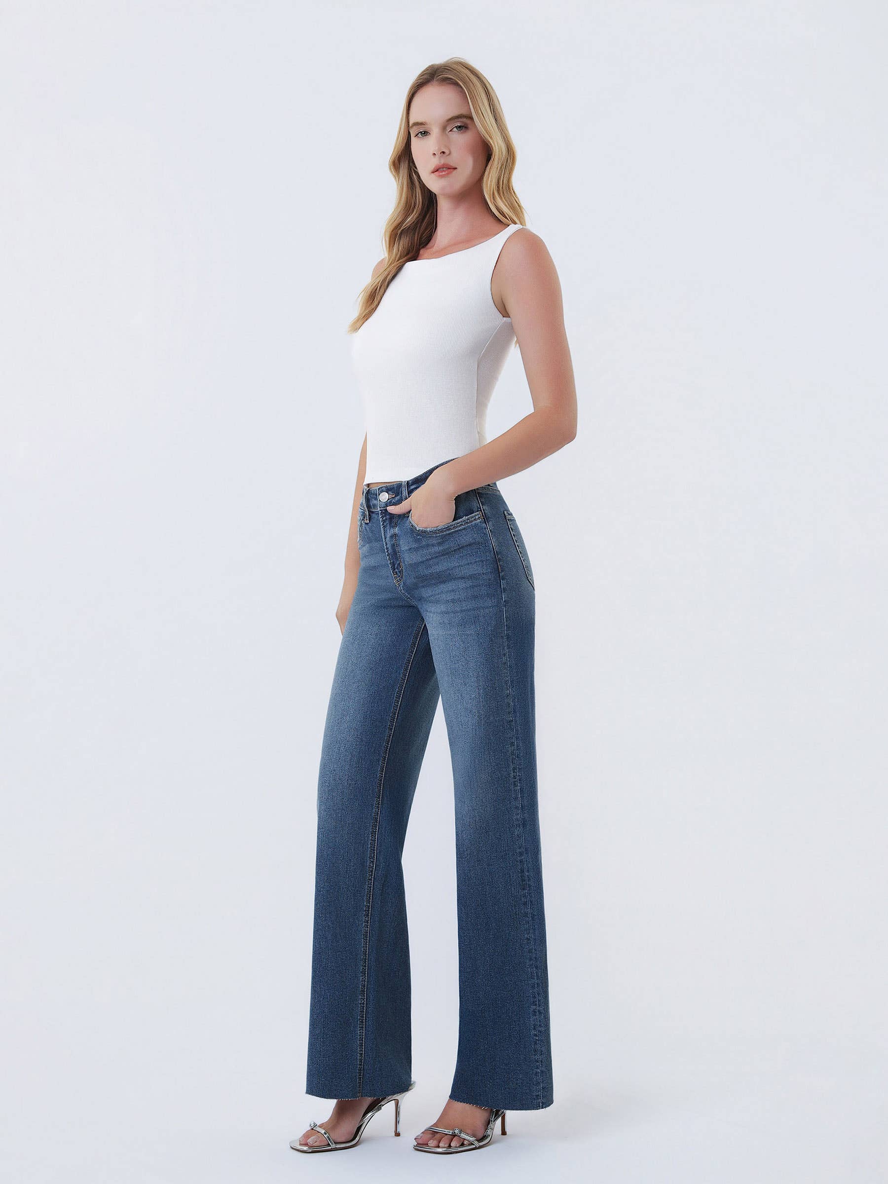 High Rise Dark Wash Clean Cut Raw Hem Wide Leg Jeans