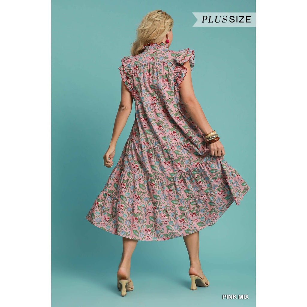 Floral Tiered Scalloped Sleeve Maxi Dress