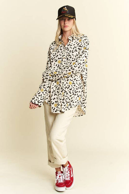Smiley Animal Print Button-Up Shirt