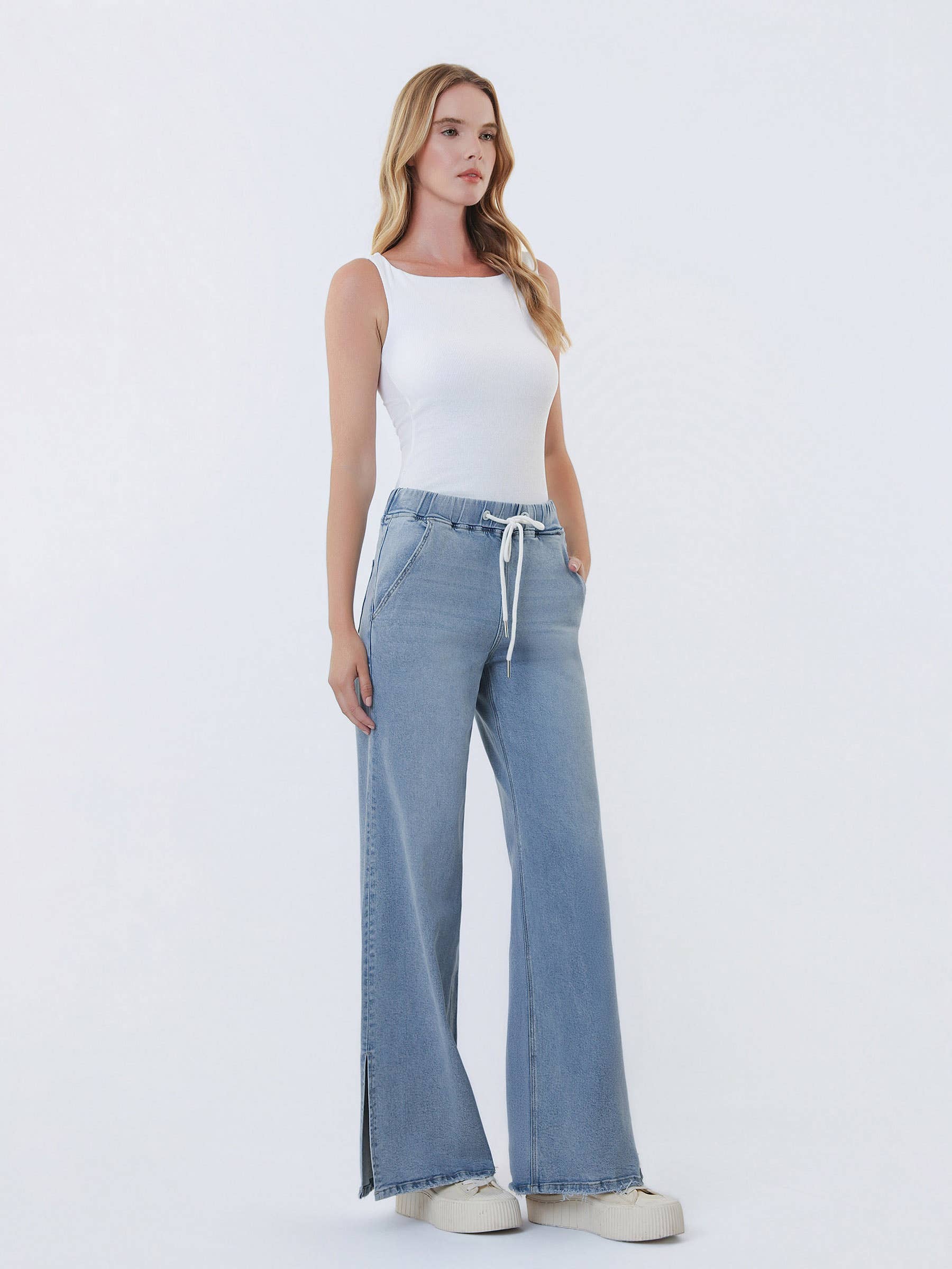 High Rise Drawstring Waistband Side Slit Wide Leg Jeans