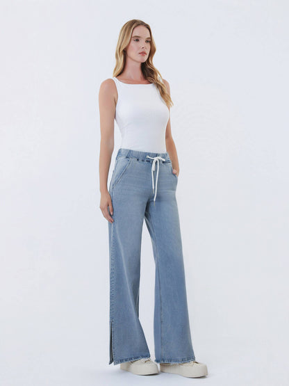 High Rise Drawstring Waistband Side Slit Wide Leg Jeans