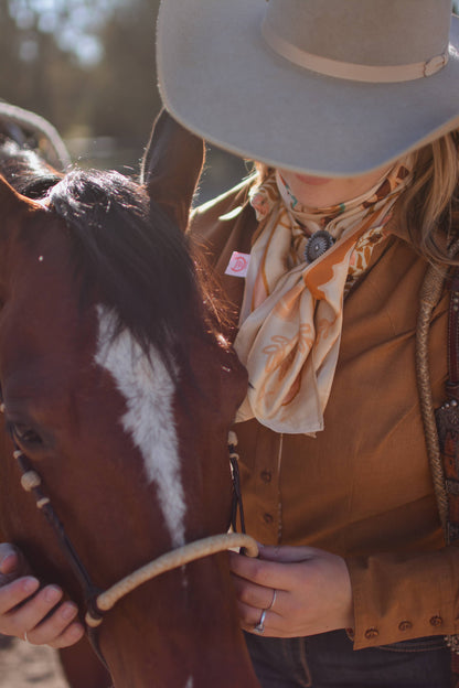 Wild Horse Prairies in Peach Cowgirl Scarf: 35x35 Western Mulberry Silk Wild Rag Cowgirl