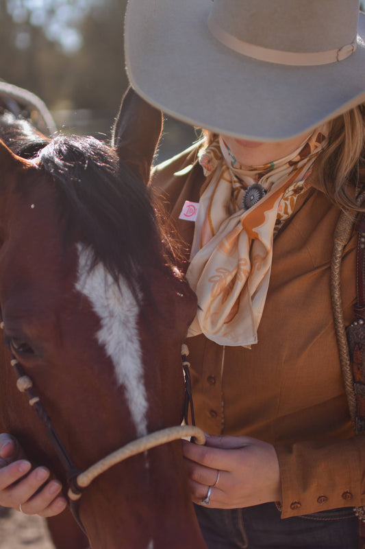Wild Horse Prairies in Peach Cowgirl Scarf: 35x35 Western Mulberry Silk Wild Rag Cowgirl