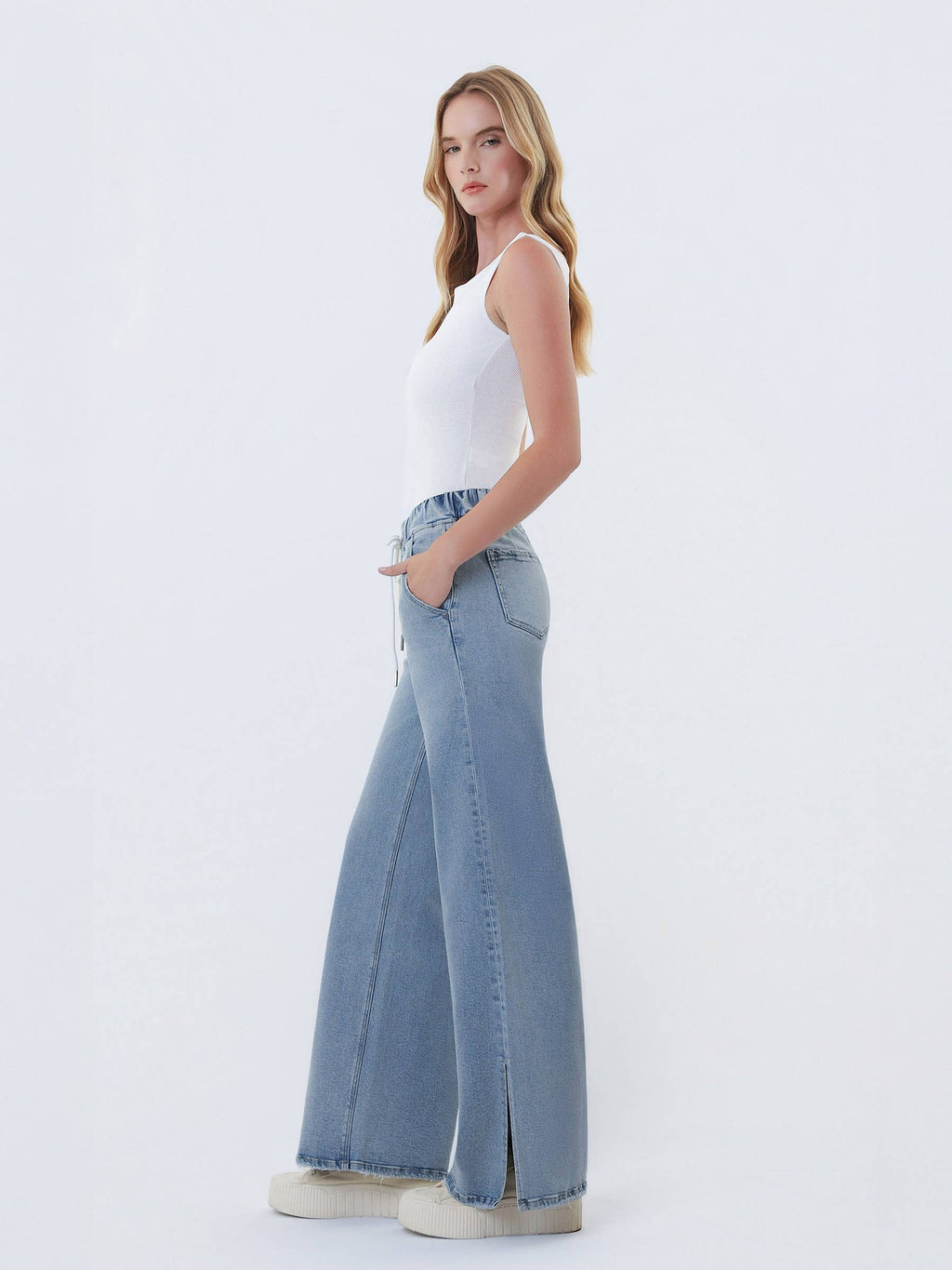 High Rise Drawstring Waistband Side Slit Wide Leg Jeans
