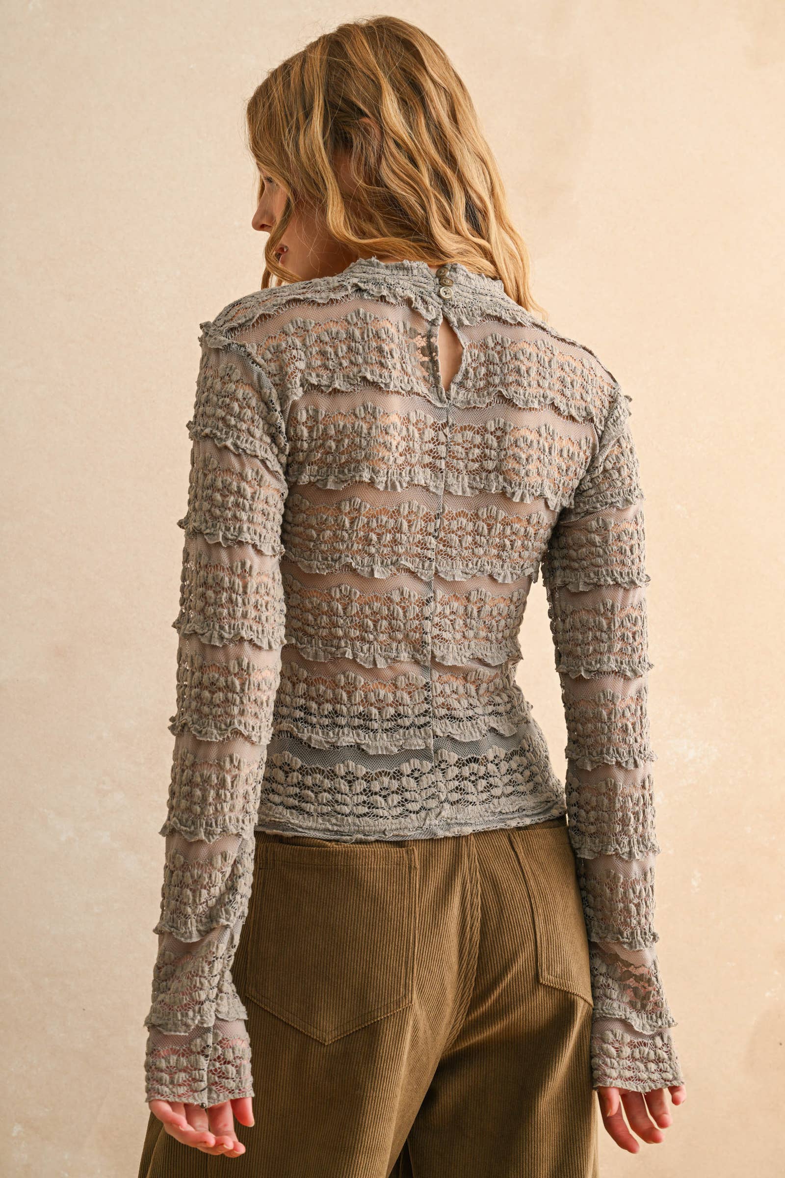 Lace Textured Long Sleeve Blouse