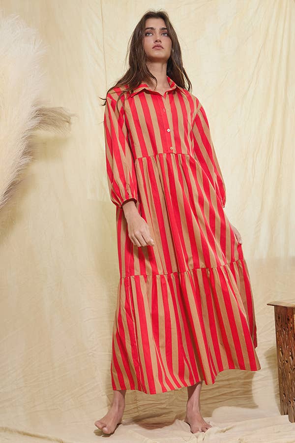 Striped Tiered Midi Shirt Dress